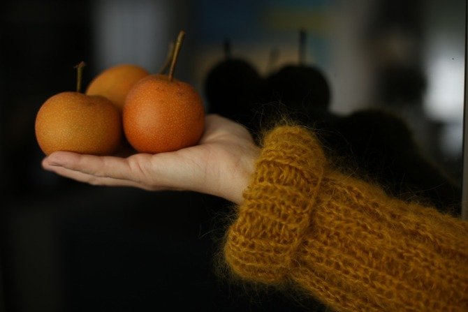 Mohair oversized sweater knitted by hand honey-colored NO.309