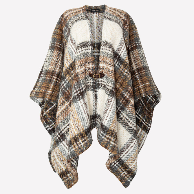 PONCHO W KRATĘ Z MIĘKKIEJ WEŁNY ZE SKÓRZANYM PASKIEM, KOLORY ZIEMI