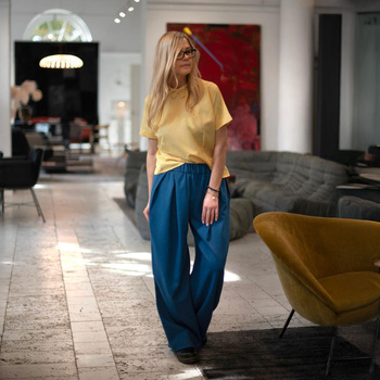 100% WEŁNA SPODNIE Z ZAKŁADKAMI W KOLORZE CIEMNYM NIEBIESKIM