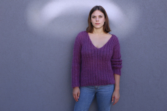 Mohair oversized sweater knitted by hand purple NO.307