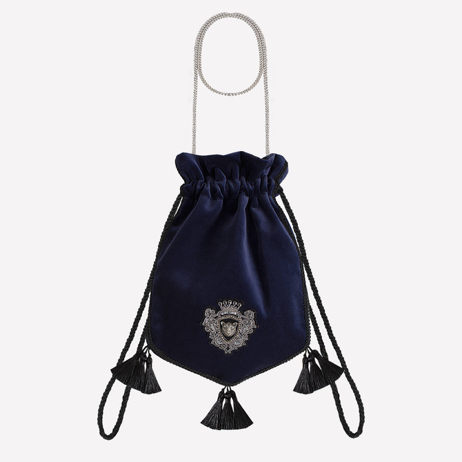 Velvet - silk jewelry, decorative bag with a chain, dark navy blue NO. 209