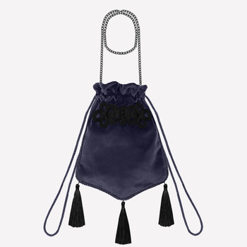Aksamitno - jedwabna biżuteryjna, ozdobna torebka z łańcuszkiem kolor granatowy NO. 198