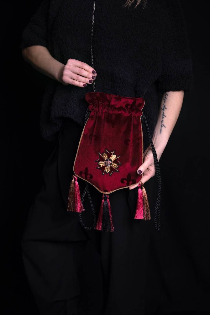 Burgundy fleur-de-lis velvet crossbody bag, shoulder bag NO. 206