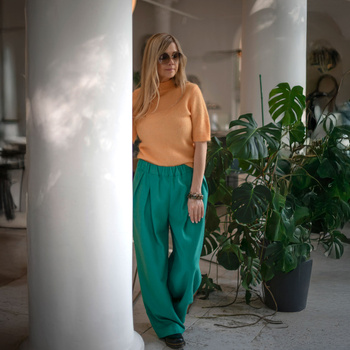 BOURETTE SPODNIE Z ZAKŁADKAMI W KOLORZE INTENSYWNIE TURKUSOWYM Z JEDWABIU I BAWEŁNY