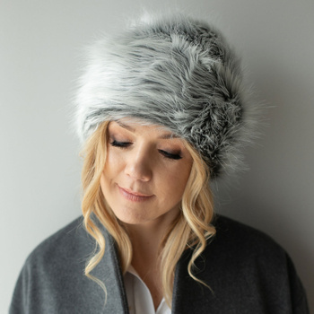 Faux-fur gray fox hat, long-haired.