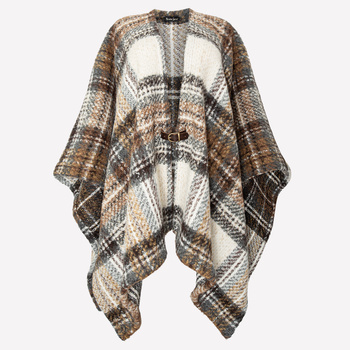 PONCHO W KRATĘ Z MIĘKKIEJ WEŁNY ZE SKÓRZANYM PASKIEM, KOLORY ZIEMI