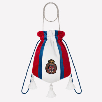 Aksamitno - jedwabna biżuteryjna, ozdobna torebka w kolorze czerwonym białym i niebieskim NO. 213