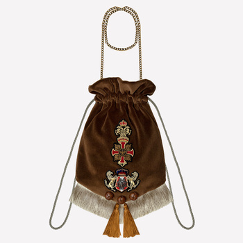 Aksamitno - jedwabna biżuteryjna, ozdobna torebka w kolorze brązu i beżu NO. 219