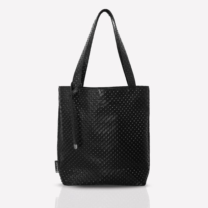 Leather black shoppebag with rock style texture, size: M. NO.138