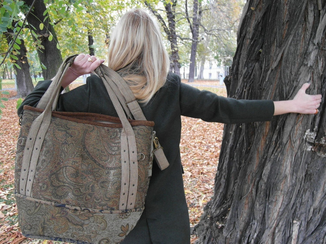 Boho autumn khaki bag with paisley pattern NO.129