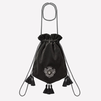 Aksamitno - jedwabna biżuteryjna, ozdobna torebka z łańcuszkiem kolor grafitowy szary NO. 208