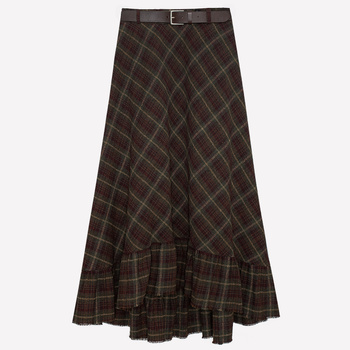 SPÓDNICA Z FALBANĄ W KRATĘ MAXI BRĄZ I KHAKI, 100% WEŁNA