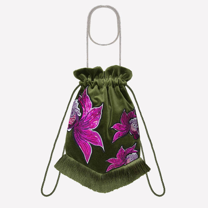 Aksamitno - jedwabna biżuteryjna, ozdobna torebka w kolorze zielonym i fuksji  NO. 218